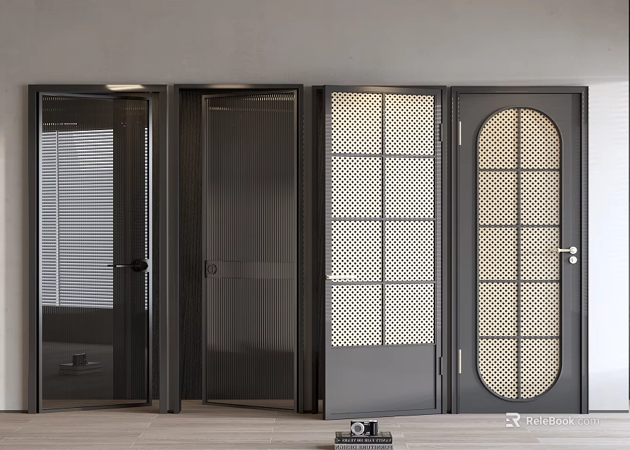 Modern Swing Doors With Various Glass Designs Including Arched Panel Grid Pattern And Blinds 3d model 