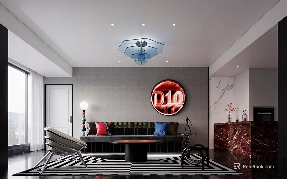 Stylish Contemporary Living Room With Unique Neon Wall Decor And Comfortable Modern Home Furnishings 3d model 