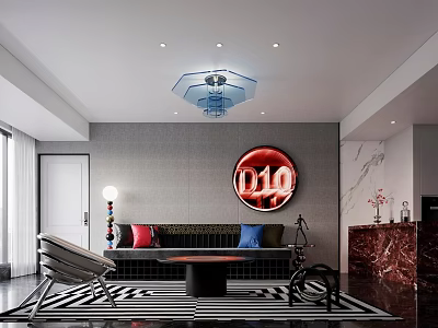 Stylish Contemporary Living Room With Unique Neon Wall Decor And Comfortable Modern Home Furnishings 3d model
