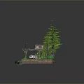 Natural Scenery with Pine Trees Small Wooden Houses White Car and Water Area