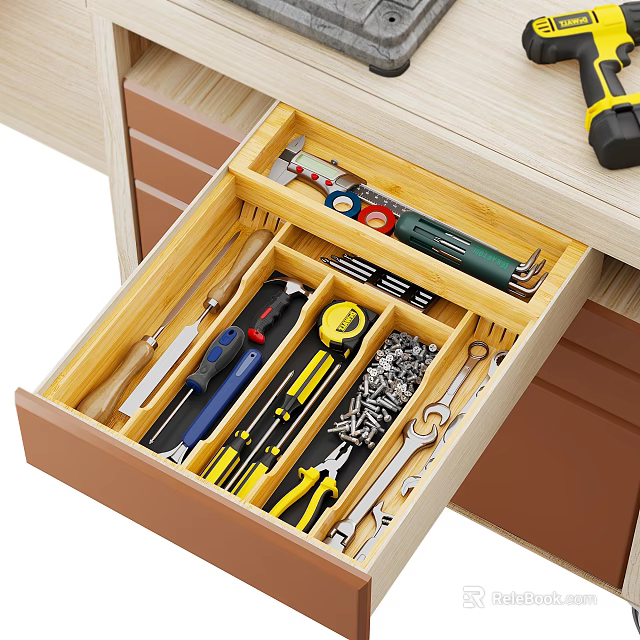 Organized Hardware Tools Neatly Arranged in Wooden Drawer with Wrenches Screwdrivers and Pliers 3d model 