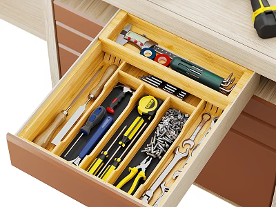 Organized Hardware Tools Neatly Arranged in Wooden Drawer with Wrenches Screwdrivers and Pliers 3d model