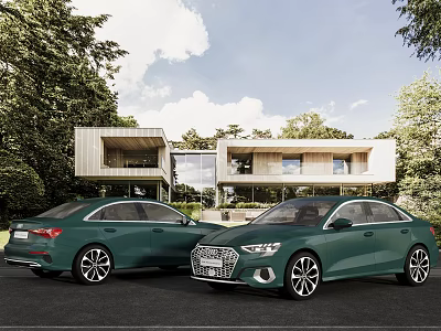 Modern Detached Villa With Two Cars Parked In Front And Surrounded By Trees 3d model