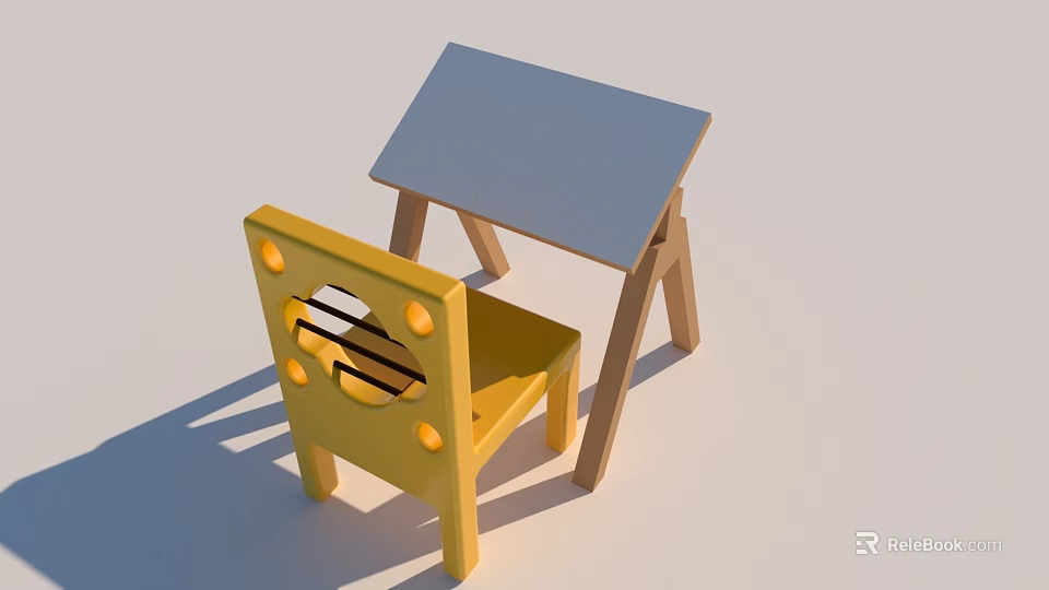 Colorful Musical Instruments And Art Supplies On Wooden Table With Yellow Chair 3d model 