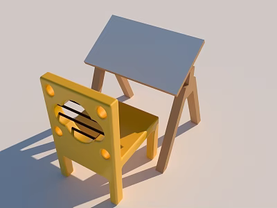 Colorful Musical Instruments And Art Supplies On Wooden Table With Yellow Chair 3d model