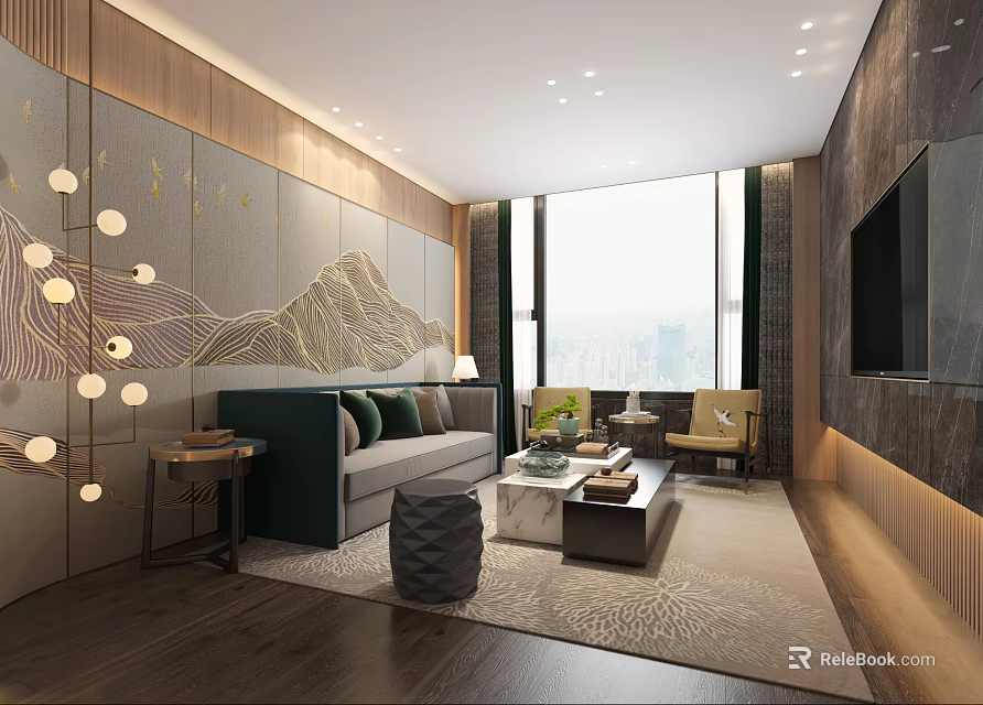 Hotel Public Lounge With Mountain Pattern Wall Floor To Ceiling Window Sofa Coffee Table 3d model