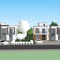 Modern Two Story Detached Villa Exterior With Illuminated Windows Landscaping And Car