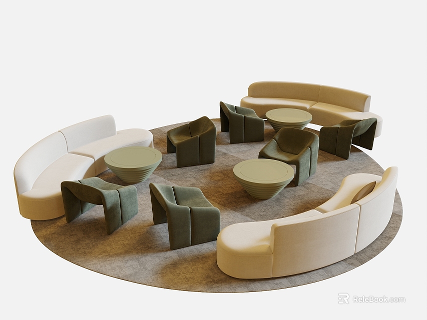 Modern Curved Sofa and Coffee Table Set With Beige Green Chairs And Round Tables 3d model 