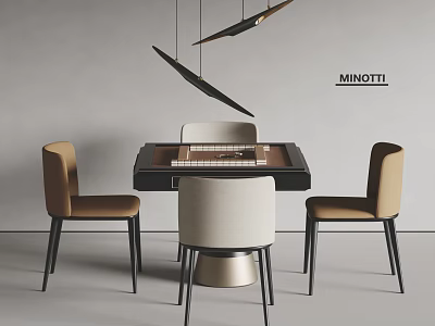 MINOTTI Modern Table And Chairs With Brown Beige Chairs Dark Surface Gray Wall Black Pendants 3d model
