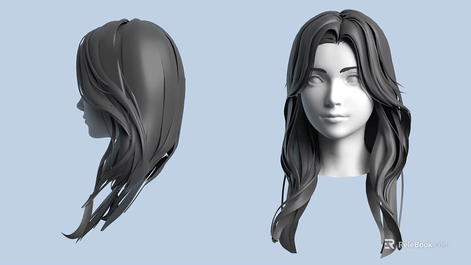 Woman 3D Hairstyle Model Featuring Long Wavy Hair Front Side Views Design 3d model 