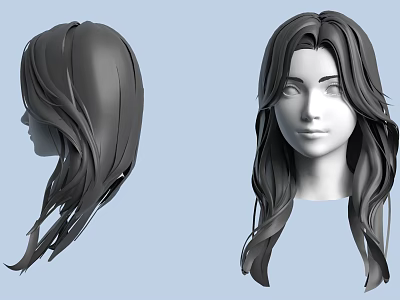 Woman 3D Hairstyle Model Featuring Long Wavy Hair Front Side Views Design 3d model