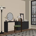 Stylish Dressing Table With Round Mirror Green Stool And Circular Hole Cabinets 3d model