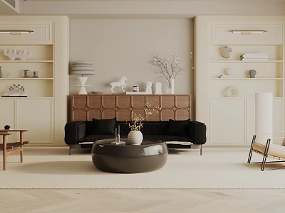 Modern Living Room Interior With Beige Walls Black Sofa Round Coffee Table And Wooden Shelves 3d model