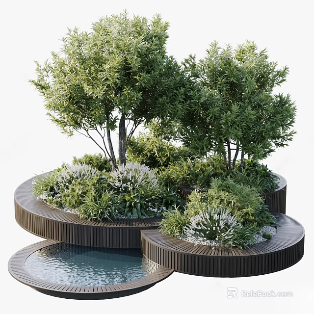 Circular Wooden Tree Planter With Lush Trees Green Plants And Pool 3d model 