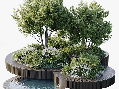 Circular Wooden Tree Planter With Lush Trees Green Plants And Pool 3d model