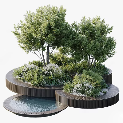 Circular Wooden Tree Planter With Lush Trees Green Plants And Pool 3d model
