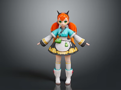 Anime Fantasy Girl Character With Orange Pigtails Horns Blue White Outfit And Green Bag 3d model
