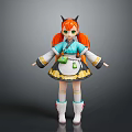 Anime Fantasy Girl Character With Orange Pigtails Horns Blue White Outfit And Green Bag