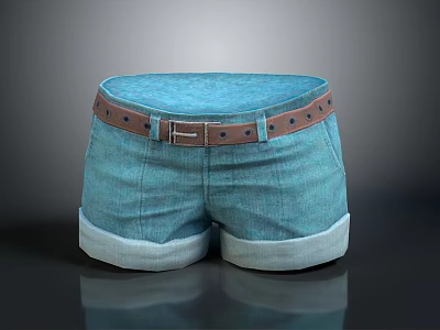 Blue Denim Shorts With Brown Belt And Cuffed Hems For Casual Outfit 3d model