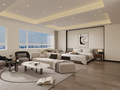 Modern Hotel Guest Room With Large Windows City View Comfortable Bed Sofa And Coffee Table 3d model