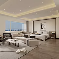 Modern Hotel Guest Room With Large Windows City View Comfortable Bed Sofa And Coffee Table