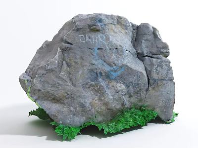 Natural Stone And Wood Decorative Piece With Green Plants Around Base 3d model