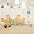 Kindergarten Interior Design With Blue Beige Walls Wooden Decor Round Pendant Lights Kids Play Area