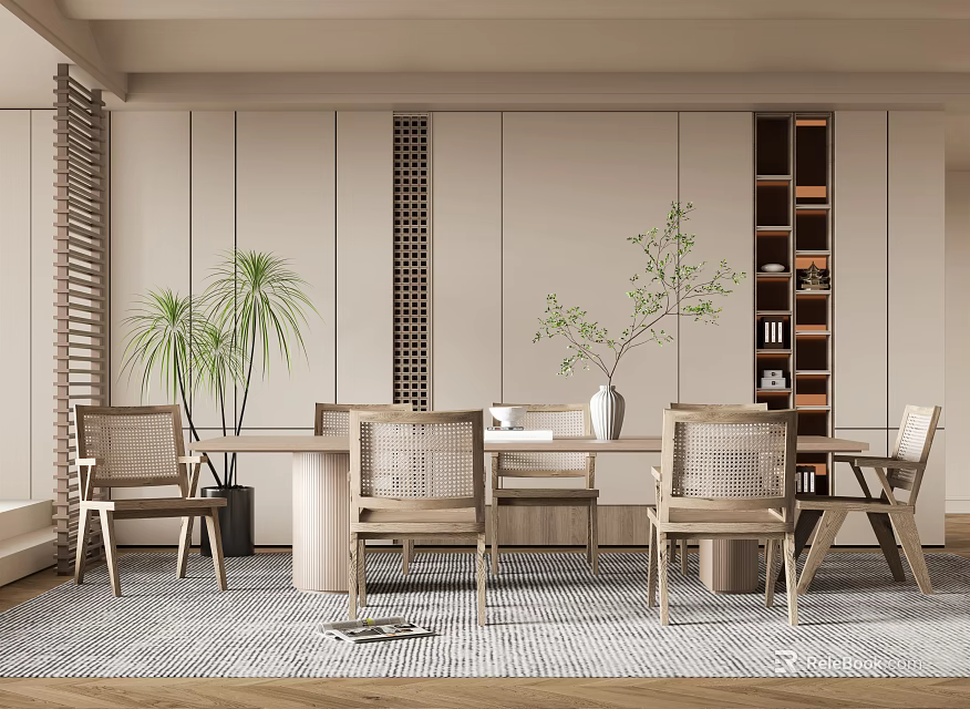 Beige Restaurant Interior With Lattice Decoration Wooden Dining Chairs And Potted Plants 3d model 