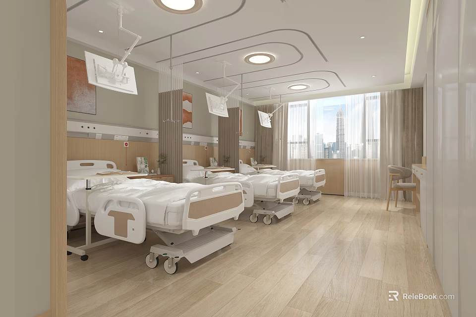 Modern Hospital Ward Interior Design With Medical Beds Pendant Lights And Wooden Flooring 3d model 