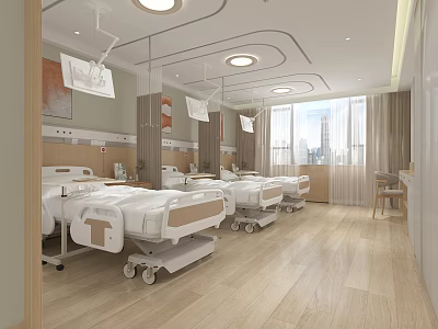 Modern Hospital Ward Interior Design With Medical Beds Pendant Lights And Wooden Flooring 3d model
