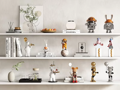 Stylish Modern Decorative Ornament Combinations With Animal Robot Figurines Books Vase And Plants On Shelves 3d model
