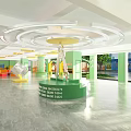 Vibrant Kids Activity Space With Green Pillars Text Yellow Decorations And Large Dice