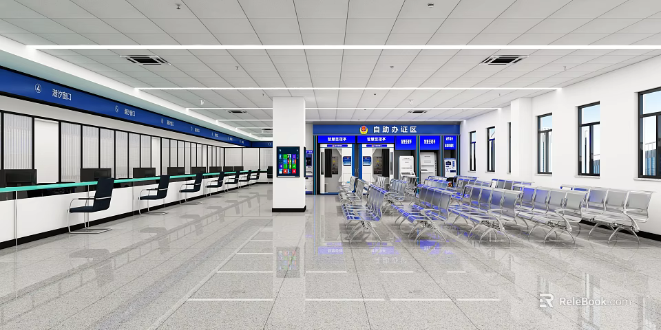 Spacious Bright Administrative Service Hall With Service Windows Seats Display Screens And Blue Signs 3d model 