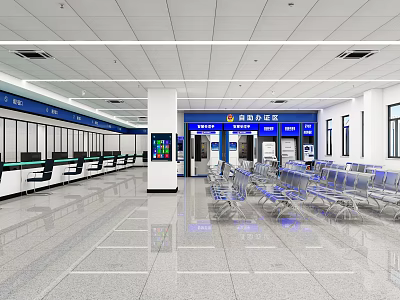 Spacious Bright Administrative Service Hall With Service Windows Seats Display Screens And Blue Signs 3d model