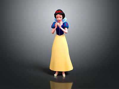 Snow White Animated Character With Blue Top Yellow Skirt And Red Bow In Praying Pose 3d model