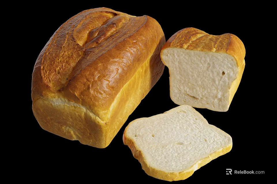Golden Brown Bread Loaf And Sliced Pieces With White Interior On Black Background 3d model 