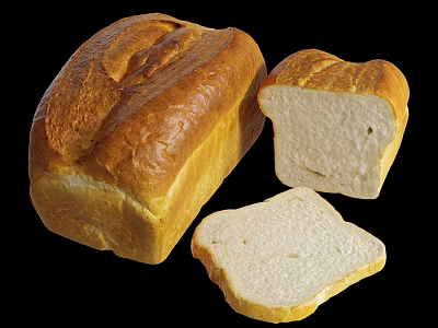 Golden Brown Bread Loaf And Sliced Pieces With White Interior On Black Background 3d model