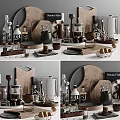 Wooden Kitchen Utensils Collection With French Press Mug Whisk And Chopping Board