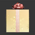 Golden Gift Box With Red Bow And Snowflake Patterns On Pink Ribbon