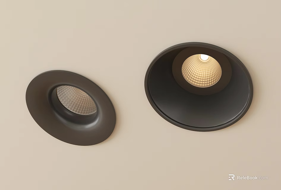 Black Downlights And Spotlights Installed On Beige Wall With One Illuminated 3d model 
