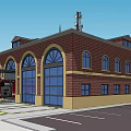Fire Station Brick Building with Arch Entrances Red Fire Truck Parking Lot and Roof Antennas