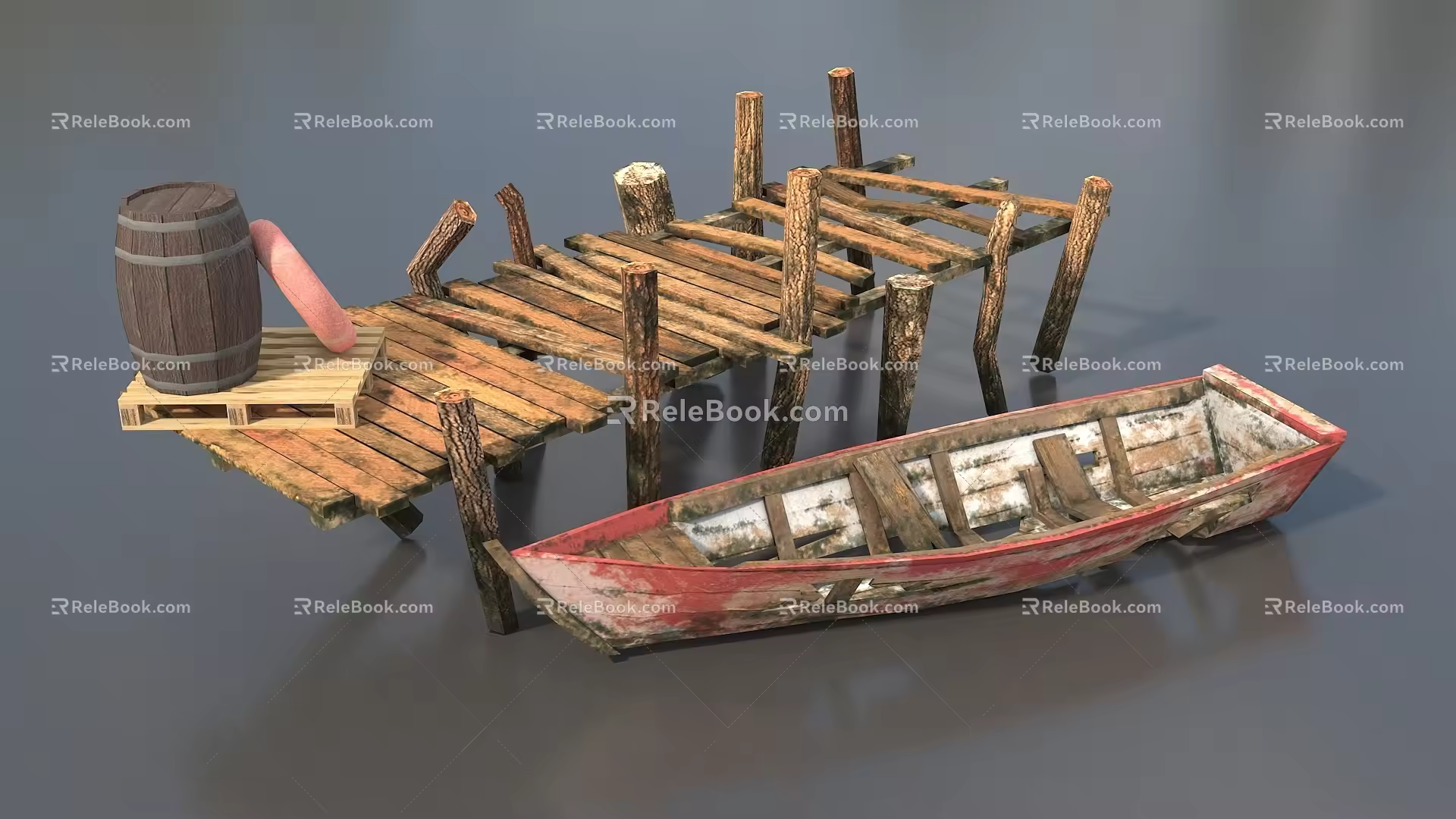 Broken ship shore small wooden ship dock broken dock broken wooden ship shore broken bridge small wooden bridge wooden bridge shore scene low face number low model simple model realistic 3d model