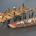 Broken ship shore small wooden ship dock broken dock broken wooden ship shore broken bridge small wooden bridge wooden bridge shore scene low face number low model simple model realistic 3d model