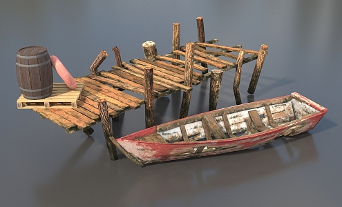 Broken ship shore small wooden ship dock broken dock broken wooden ship shore broken bridge small wooden bridge wooden bridge shore scene low face number low model simple model realistic 3d model