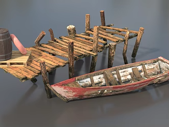 Broken ship shore small wooden ship dock broken dock broken wooden ship shore broken bridge small wooden bridge wooden bridge shore scene low face number low model simple model realistic 3d model