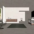 Modern Minimalist Industrial Bathroom With Textured Walls Wooden Vanity Glass Chair Green Rug And Mirror