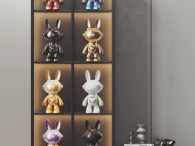 Rabbit Shaped Decorative Ornament Set With Gold Black White Purple Figurines On Display Shelf 3d model
