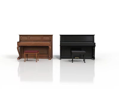 Home Living Essentials Brown And Black Pianos With Wooden Stools Set 3d model