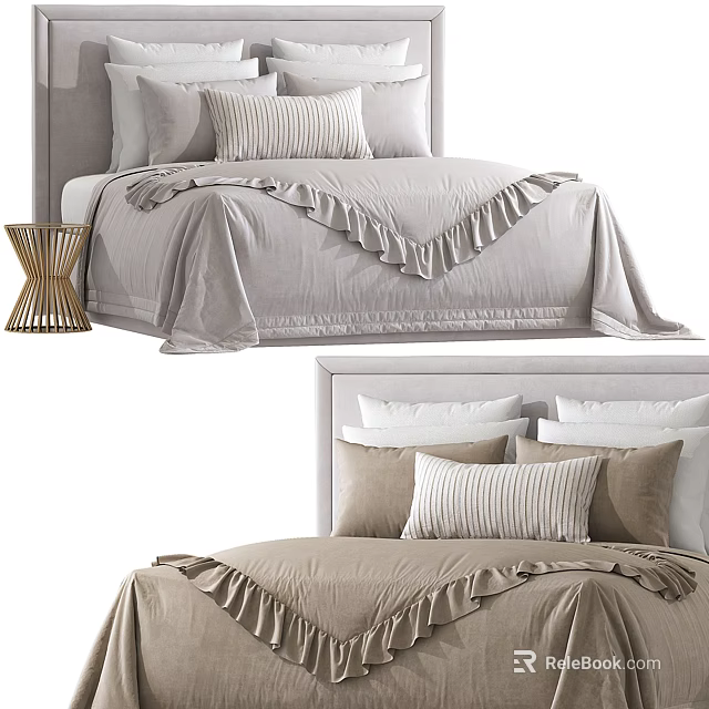 Modern Double Bed Interior With Light Gray Beige Bedding Striped Pillows And Wicker Bedside Table 3d model 