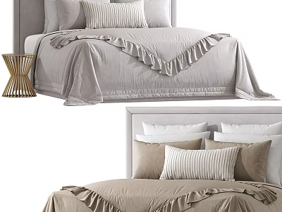 Modern Double Bed Interior With Light Gray Beige Bedding Striped Pillows And Wicker Bedside Table 3d model